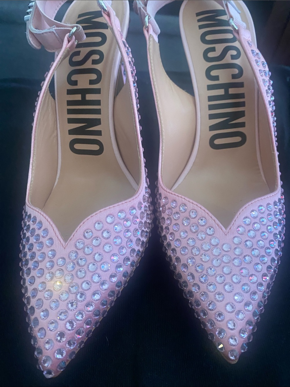 Moschino Pink Crystal-Studded Pointed Slingback Heels